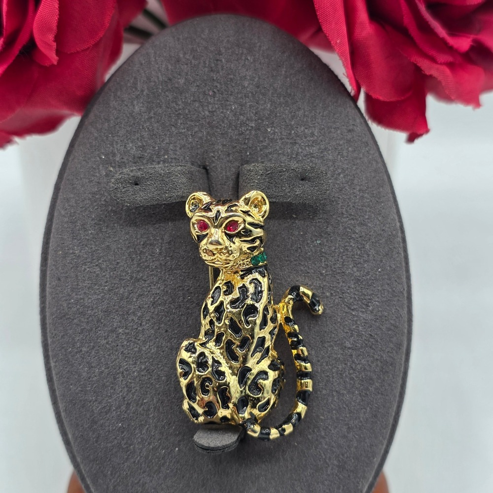 Gold Tone Leopard Brooch Black Enamel Red Eyes Green Collar Pin Sassy Seductive